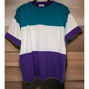 Vintage Women's Size Large Colorblock T-Shirt Purple Aqua White Shoulder Pads